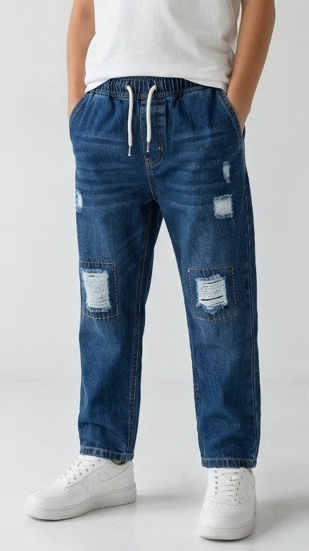 Olive + Fig Dark Blue Ripped Drawstring Jeans