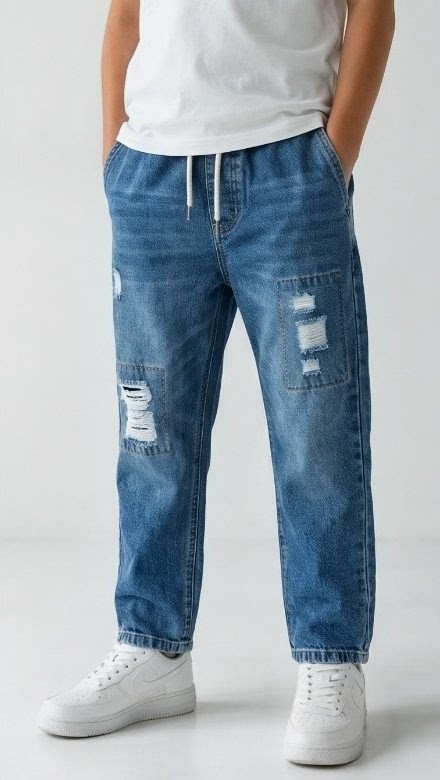 Olive + Fig Mid Blue Ripped Patchwork Jeans