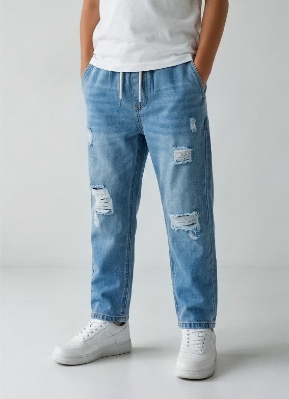 Olive + Fig Light Blue Ripped Drawstring Jeans