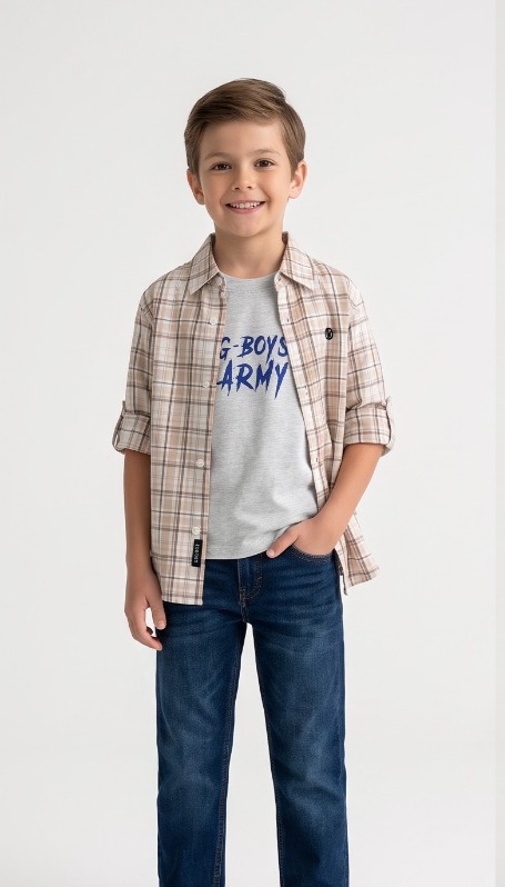 G-Boys Army Beige Brown Check Shirt + Tee