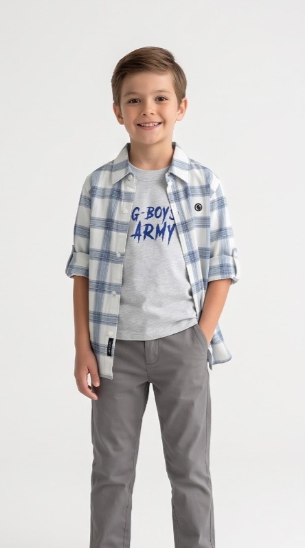 G-Boys Army White Blue Plaid Shirt + Tee