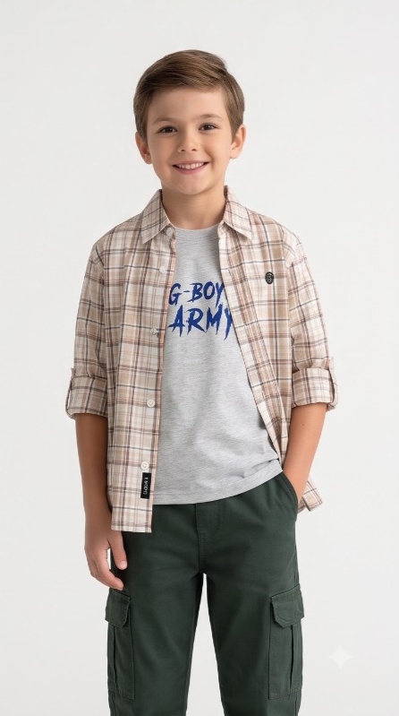 G-Boys Army Beige Brown Check Shirt + Tee — image 2