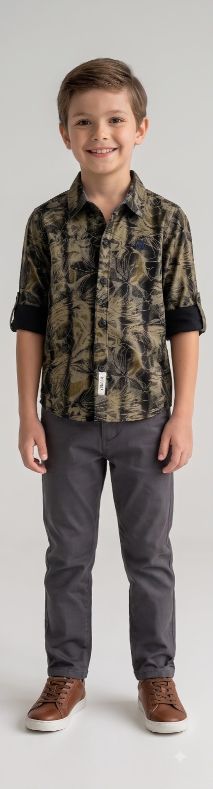Dark Botanical Print Shirt — Army Green