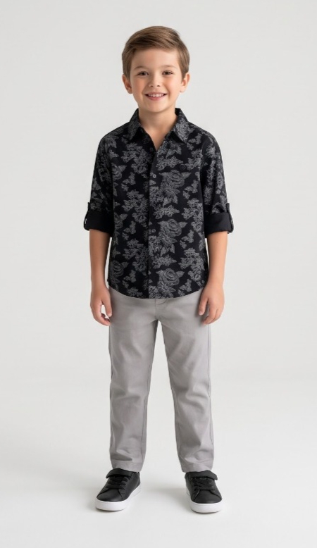 Silver Floral Print Shirt — Black