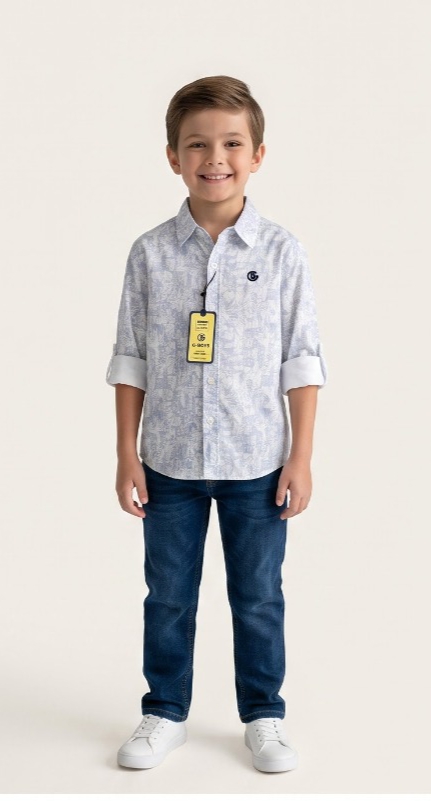 Blue-Grey Leaf Print Shirt — White