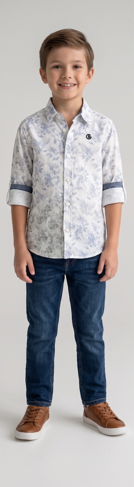 Blue Botanical Print Shirt — White