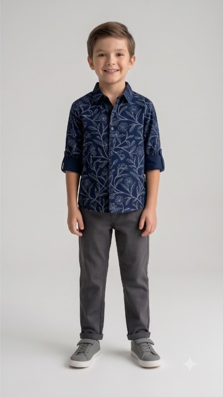 Botanical Vine Print Shirt — Navy